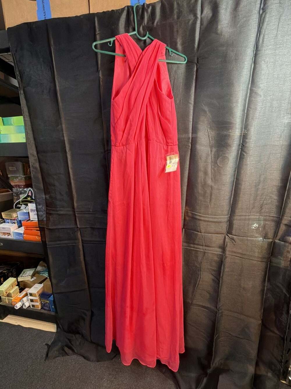 Demetrios Crinkle Chiffon Halter Maxi Dress in Punch Pink Size 14